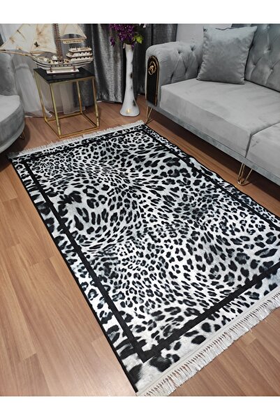 Modern home Leopar Desenli Çerçeveli Saçaklı Dijital Baskı Kaymaz Taban Makin...
