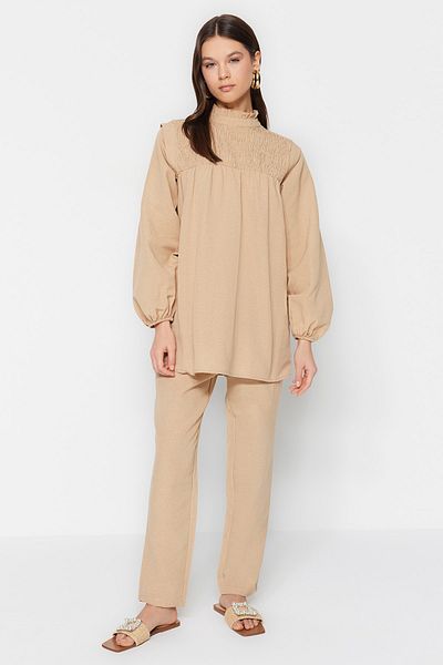 Trendyol Modest Bézs Gipe részletes vászon kinézetű tunika-nadrág szett TCTSS23US00075