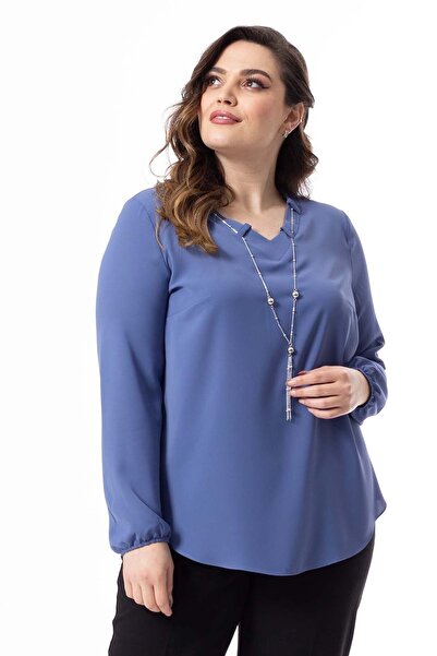 Moda Alba Indigo Довгорукава блузка з коміром, великий розмір, стильна