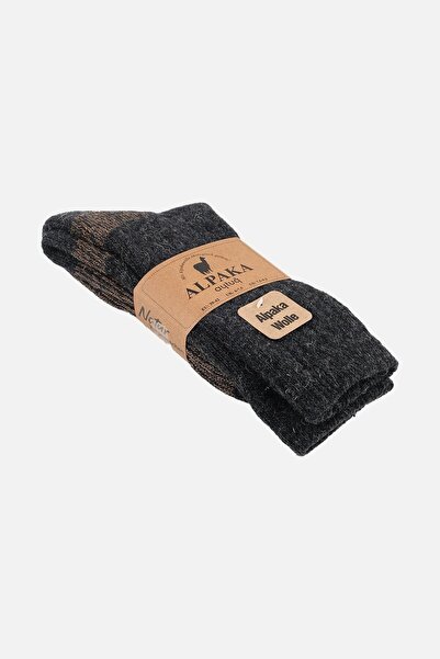 Aytuğ Unisex Alpaka Yünü Havlu Kışlık Antrasit/bej Soket Çorap - A-6005