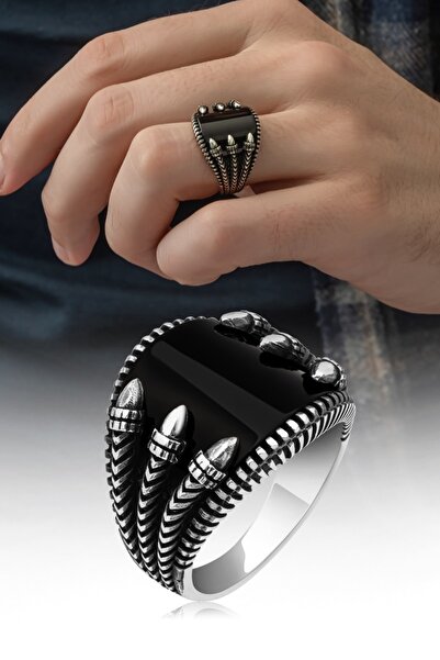 ALYANSEVİM Pençeli Model Oniks Taşlı 925 Gümüş Erkek Yüzük