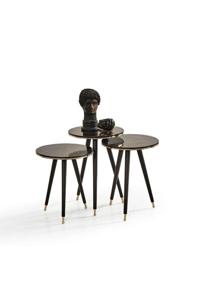 Kahraman Siyah Mermer Desen Yuvarlak 3'lü Zigon Sehpa