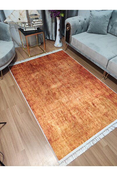 Modern home Turuncu Püskül Detaylı Dijital Baskı Salon Halısı Yıkanabilir Kay...