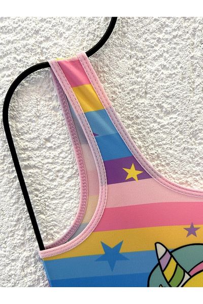 Rs Ramuni Rainbow Unicorn Patterned Digital Printed Girls' Swimsuit - Sea Pool Swimsuit
