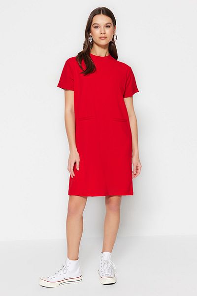 Trendyol Collection Red Pocket Look nyitott derék/Skater Mini Smart Crepe ruha TWOSS23EL01802