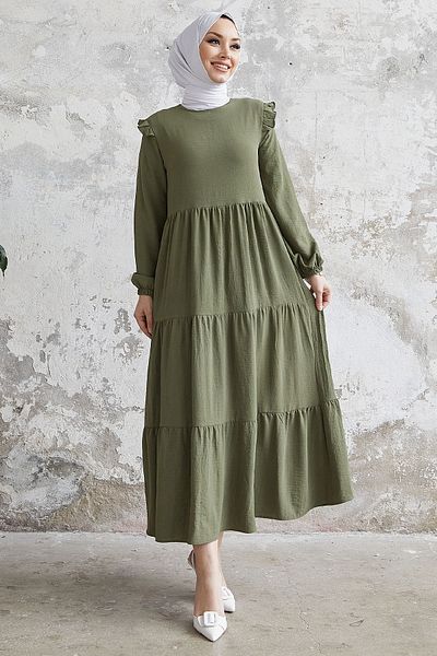 InStyle Neya Frilled Shoulder Casual Φόρεμα - Χακί