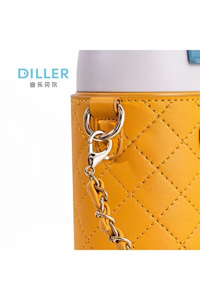 DILLER 300 Ml Kilit Kapaklı Pipetli Deri Kılıflı Taşıma Askılı Çelik Matara 6 Saat Sıcak/soğuk
