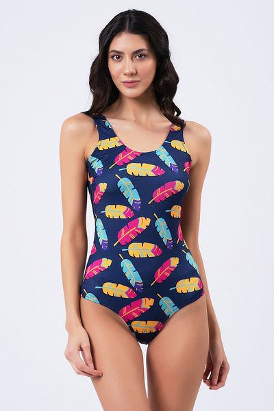 vawensea Women's Colorful Feather Patterned Swimsuit Navy Blue