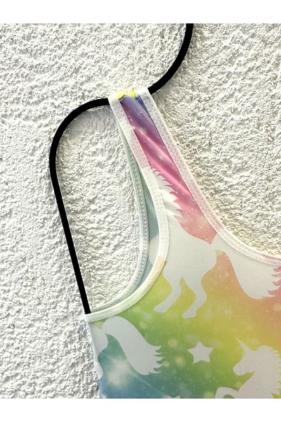 Rs Ramuni White Unicorn Printed Pink Patterned Girls' Swimsuit - Digital Printed, Sea Pool Swimsuit