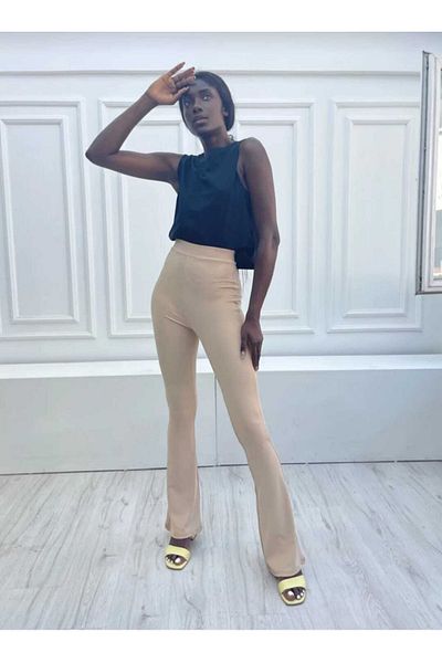 byhaziran butik Women's Beige High Waist Slim-fit Flare Leg Crepe Fabric Leggings Trousers