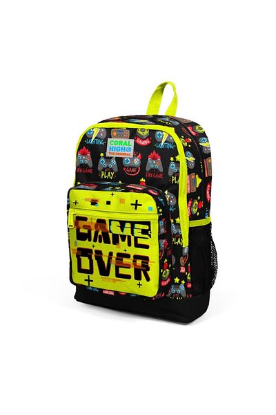 Coral High Kids Black Neon Yellow Game Over Patterned Four Compartment School Backpack 23728