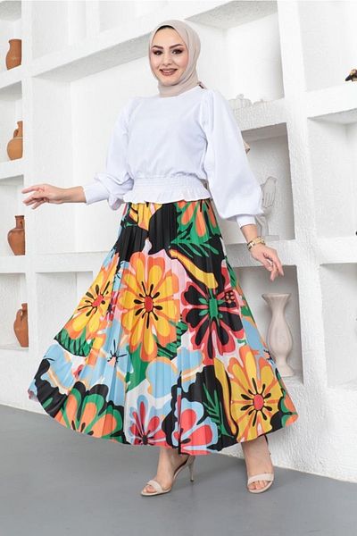 benguen 4546 Patterned Hijab Pleated Skirt Orange