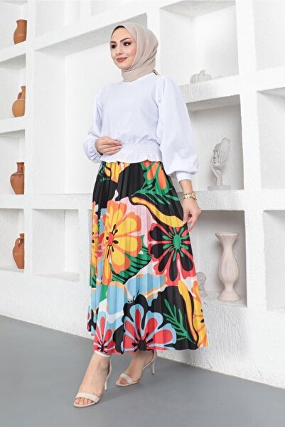 benguen 4546 Patterned Hijab Pleated Skirt Orange