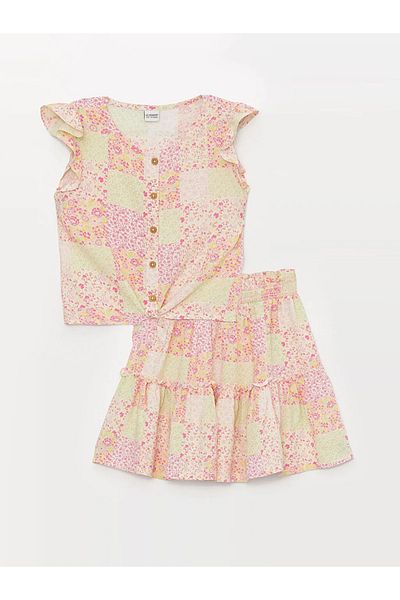 LC Waikiki Lcw Kids Crew Neck Printed Short Sleeve Girl's Blouse and Skirt
