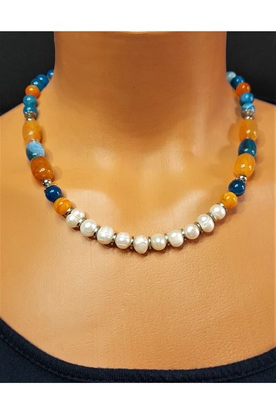 Asteria Elite Real Pearl Blue Agate Orange Agate Elegance, Communication and Evil Eye Protection Necklace Bracelet Set