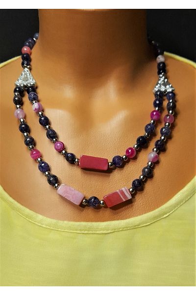 Asteria Elite Pink Agate Purple Agate Emotional Balance and Mindfulness Necklace Bracelet Set