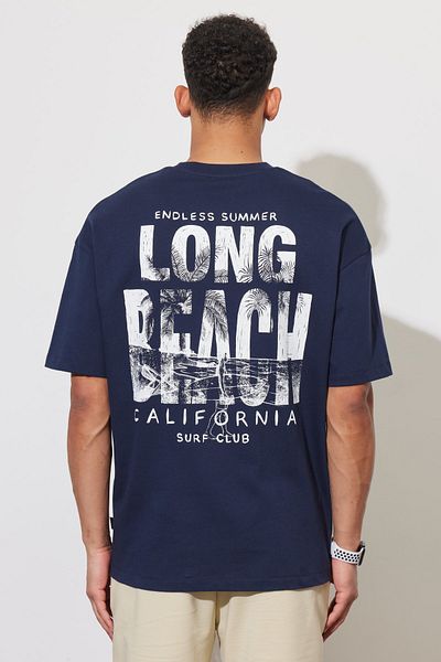 AC&Co / Altınyıldız Classics Men's Navy Blue Oversize Loose Cut Crew Neck 100% Cotton Printed T-Shirt