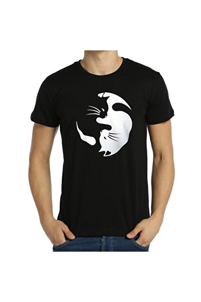 Bant Giyim تي شيرت رجالي أسود - تي شيرت بنمط قطة يين يانغ