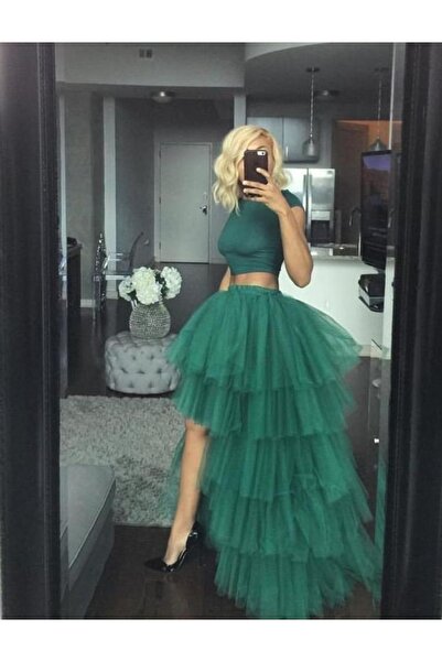INDRESS Kadın Yırtmaçlı Yeşil Tül Etek