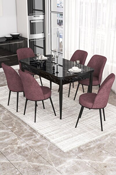 Canisa Concept Via Serisi Açılabilir Mutfak Masa Takımı- Siyah Mermer Desen M...