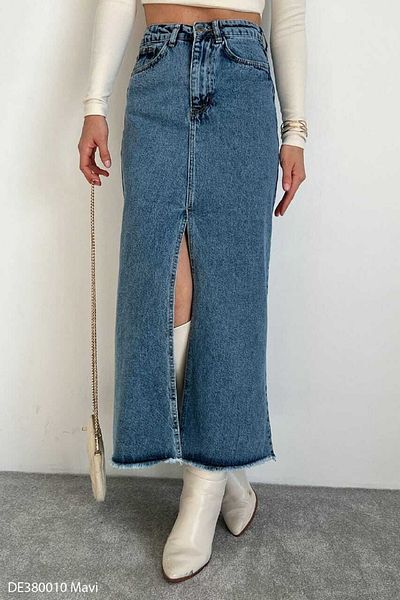TheNeva Fusta lungă de denim cu deschidere în față Qustyle pentru femei, albastră