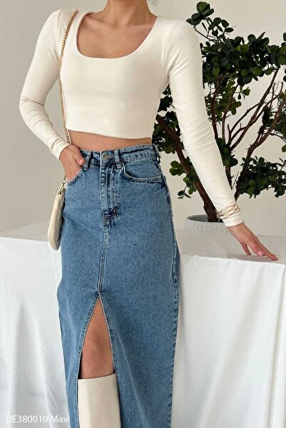 TheNeva Qustyle Kadın Önden Yırtmaçlı Uzun Kot Etek Mavi