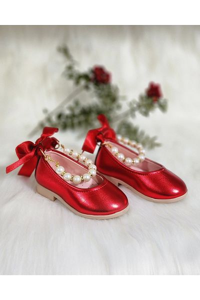 patik ayakkabı Girl's Ballerinas with Red Pearls
