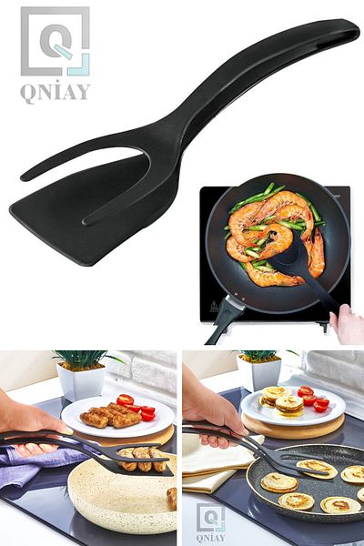 QNİAY Spatula with Tongs Meatball Chicken Fish Meat Egg Crepe Spatula Spatula with Teflon Tongs