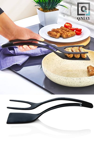 QNİAY Spatula with Tongs Meatball Chicken Fish Meat Egg Crepe Spatula Spatula with Teflon Tongs