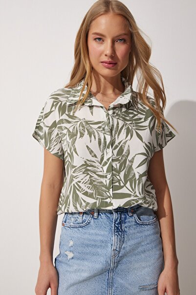 Happiness İstanbul Dámská zelená viskózová košile s krátkým rukávem s květinovým vzorem BH00408
