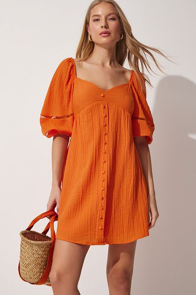 Happiness İstanbul Damen-Sommerkleid mit herzförmigem Ausschnitt und Ballonärmeln in Orange DM00113