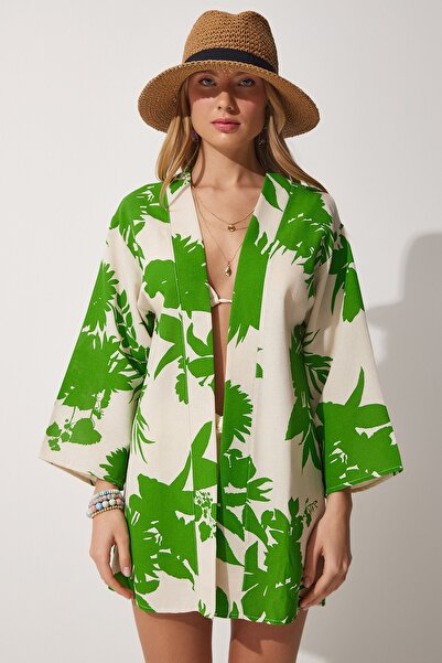 Happiness İstanbul Women's Beige Green Patterned Linen Viscose Kimono BH00381