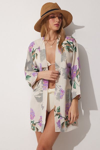 Happiness İstanbul Beigefarbener, fliederfarbener Kimono aus Leinen-Viskose mit Muster für Damen BH00381