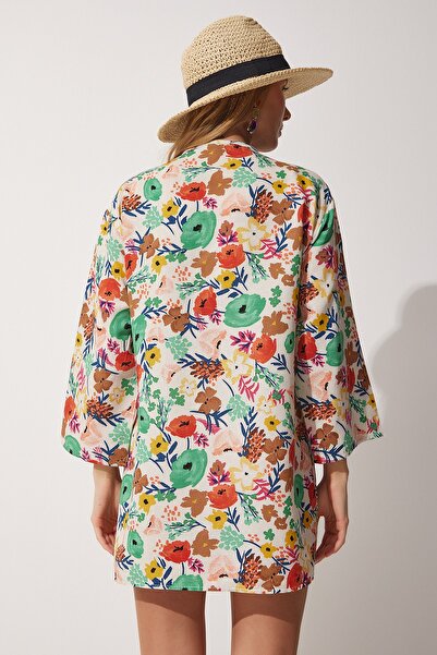 Happiness İstanbul Women's Beige Brown Patterned Linen Viscose Kimono BH00381