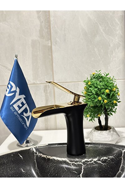 EVYEPA Siyah Altın Kısa Şelale Çanak Lavabo Musluk (SICAK SOĞUK GİRİŞLİ VE Pİ...