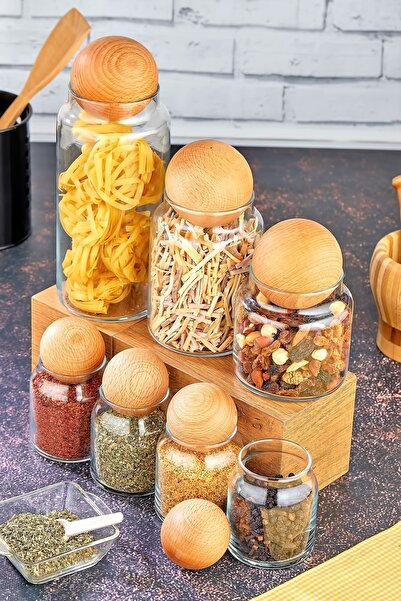 FBZhome طقم وعاء توابل للوجبات الخفيفة مكون من 7 قطع مع غطاء كروي خشبي، وعاء ...