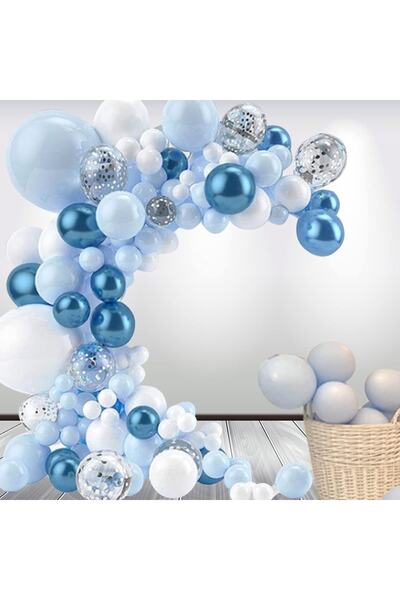 Parti dolabı 7li (3 Krom Mavi Ve 4 Makaron (pastel) Mavi) Renk Parlak Aynalı Balon 12inc 30cm Helyumla Uçan