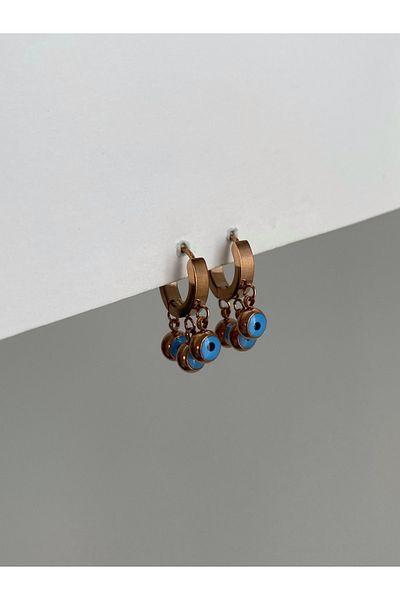 Owentis Steel Rose Gold Dangle Eye Evil Eye Bead Pessinus Earrings - No Darkening-