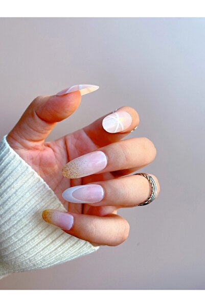 TipsArt Beyaz Altın Simli Desenli 24’lü Takma Tırnak Seti & Zararsız Yapıştırıcı