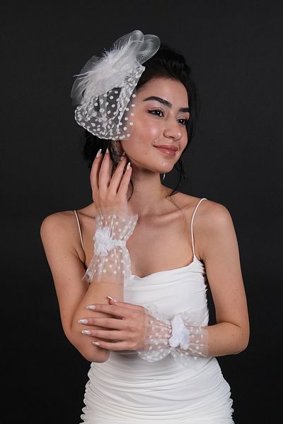 Hayalperest boncuk Şapcă de mireasă cu buline şi mănuşi de mireasă