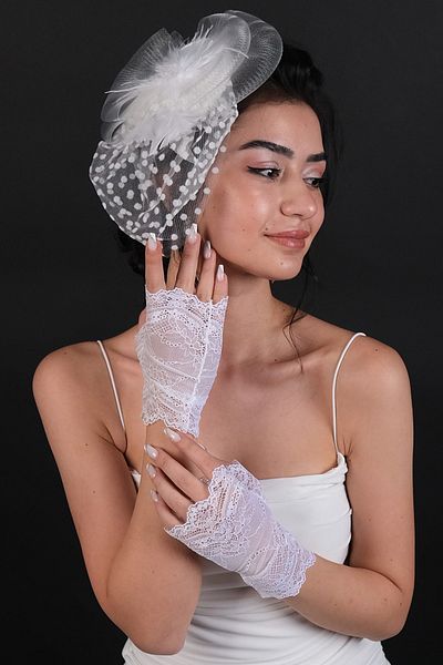 Hayalperest boncuk Șapcă de mireasă cu buline și mănuși de mireasă cu jumătate de mână
