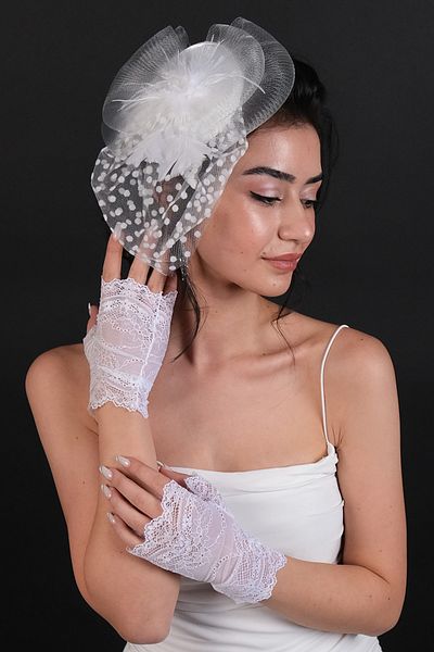 Hayalperest boncuk Șapcă de mireasă cu buline și mănuși de mireasă cu jumătate de mână