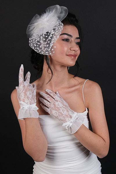 Hayalperest boncuk Set șapcă de mireasă cu buline albe și mănuși de mireasă cu panglică scurtă
