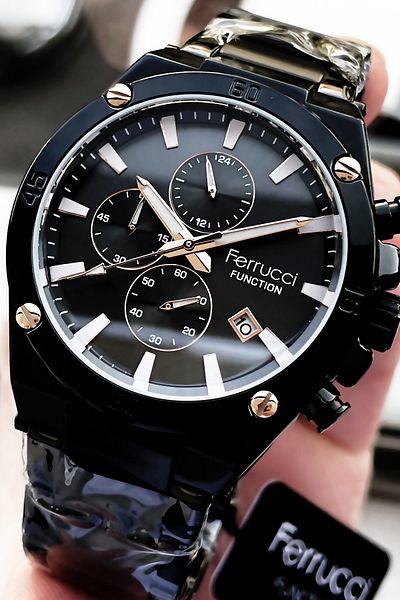 Ferrucci Function Men's Wristwatch 3 ATM Waterproof Black Color Steel Strap + Bracelet Elg215