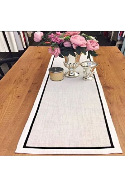 Dekorluk Concept Runner Beyaz Linen Ketene Siyah Biyeli