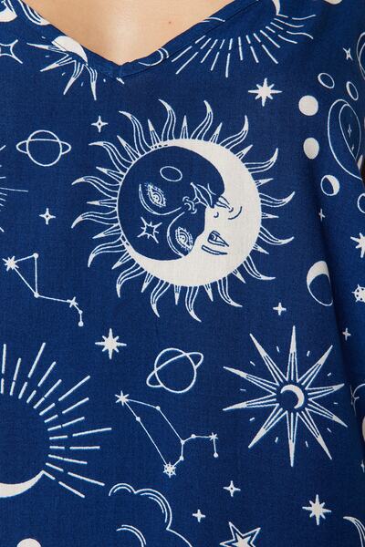 Trendyol Collection Woven Pajama Set with Indigo Galaxy Print Rope Strap Viscose Shorts Thmss23Pt00006