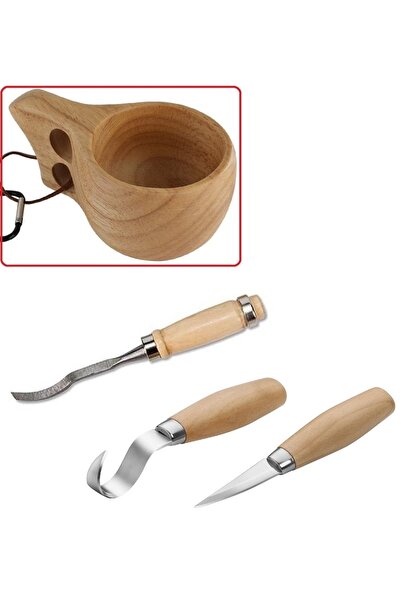 Depolife Ahşap Oyma Bıçak Alet Seti Kaşık Kuksa Oval Düz Oyma Yontma Bıçağı 3 Parçalı Set