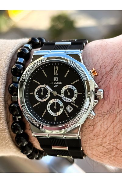 Reward Brand Black Color, silicone band, functions Active Men's Wristwatch + bracelet + rosary