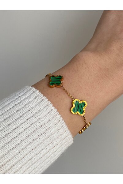 Owentis Çelik Gold Yeşil Vancleef Alhambra Malakit Ikonik Bileklik -kararma Yapmaz-