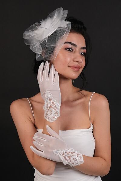 Limelia Mănuși de mireasă cu broderie din dantelă albă și pălărie de mireasă